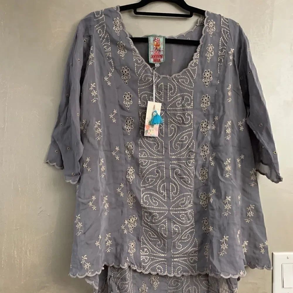 Johnny Was Ridden Embroidered Scallop Trim Blouse